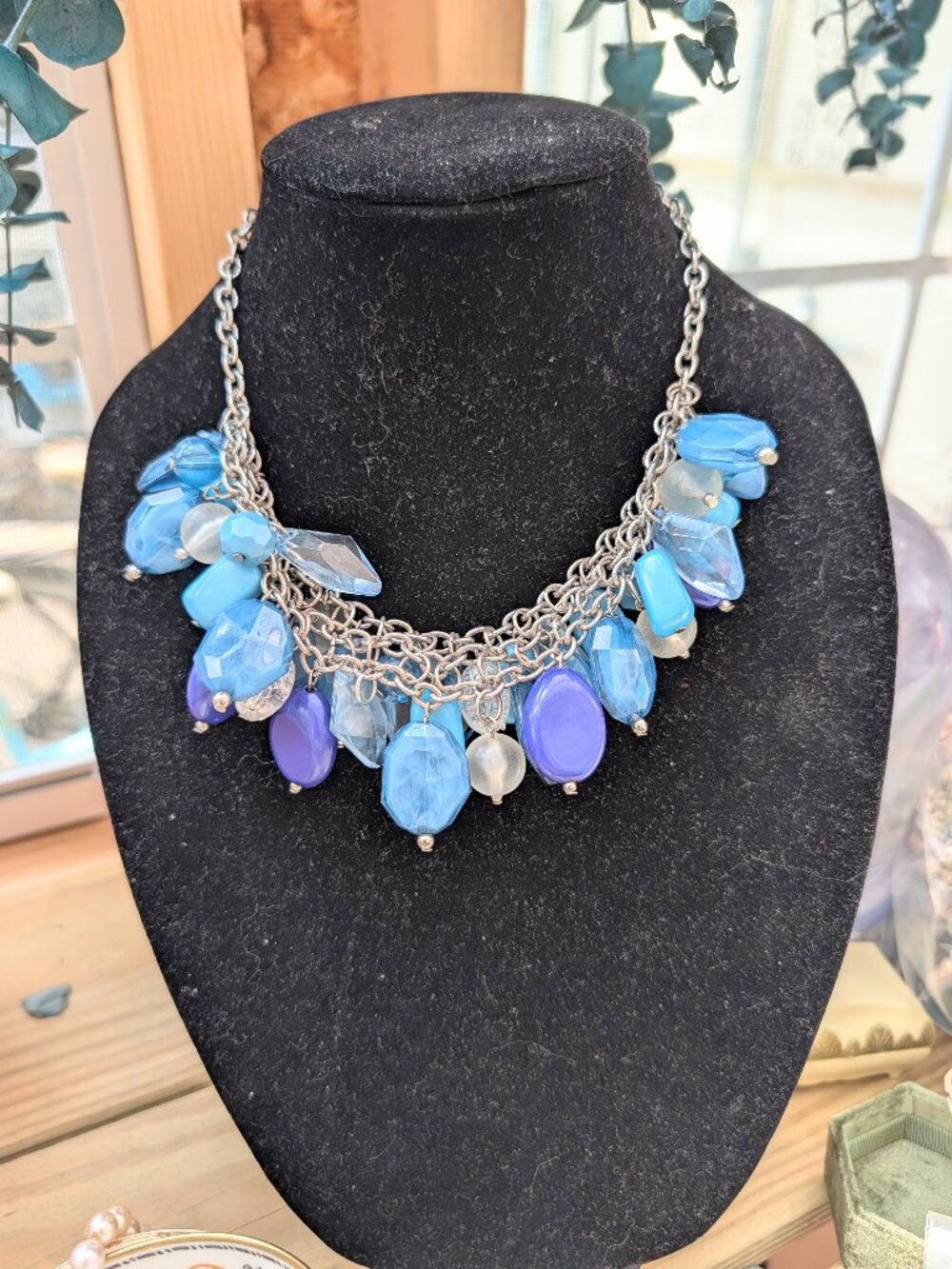 Vintage y2k Chunky blue, silver & white beaded multi-strand necklace